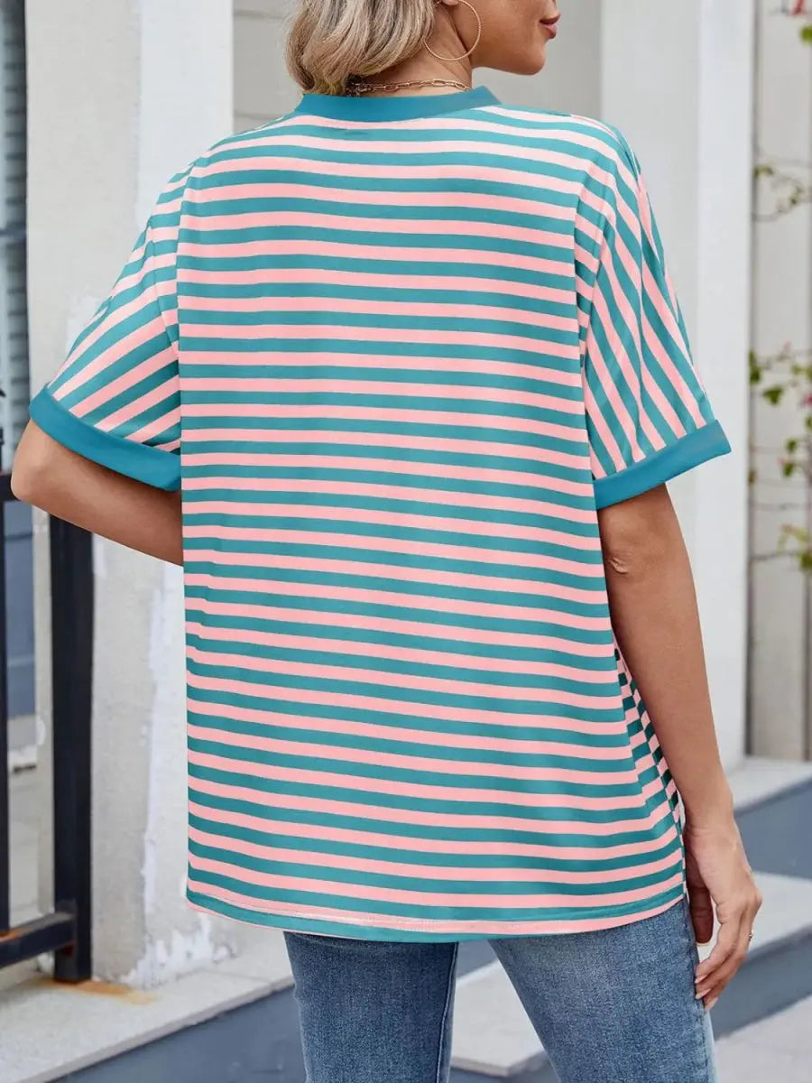Stylish Striped Round Neck Half Sleeve T-Shirt for Women - Love Salve